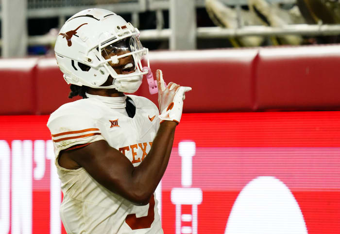 Texas wide receiver Adonai Mitchell (5) is the lone player Longhorn mocked for the first round of the 2024 NFL Draft, according to Pro Football Focus.